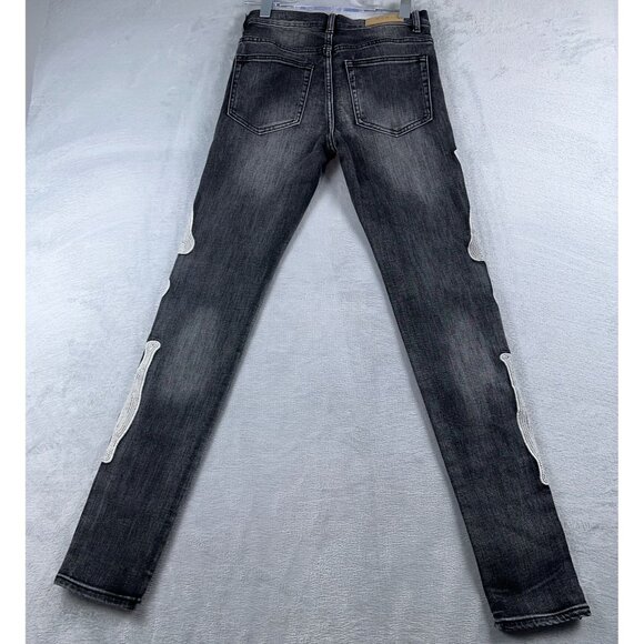 MNML Skinny Jeans Mens Size 30 Skeleton Bone Embellished Mid Rise Black - Picture 2 of 12